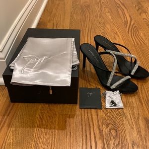 Giuseppe Zanotti black suede crystal embellished 85mm heel sandals.